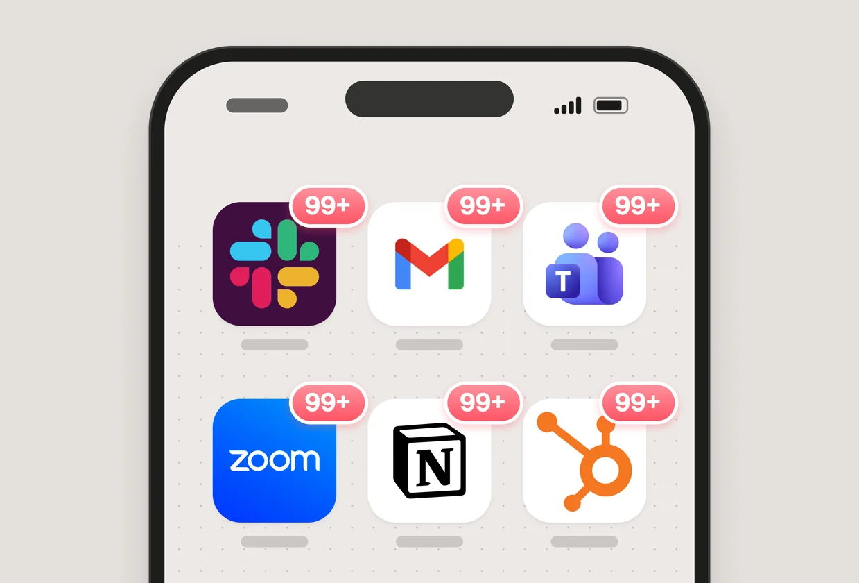 A phone home screen with Slack, Gmail, Teams, Zoom, Notion and HubSpot each showing 99+ notifications
